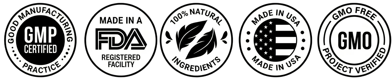 Quality seals — FDA Registered, GMP Certified, Natural, Non-GMO